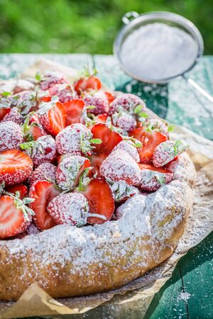 Delicious tart with strawberries in sunny dayの写真素材