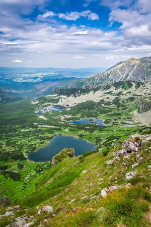 View of mountain lake from the topの写真素材