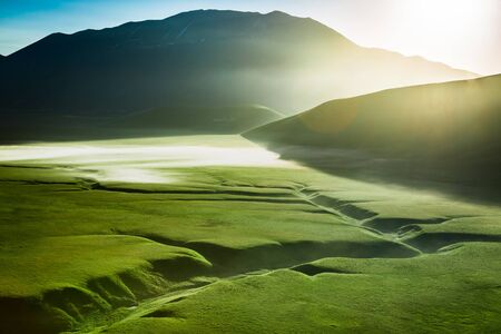 Beautiful dawn in the mountains, Umbria, Italyの写真素材