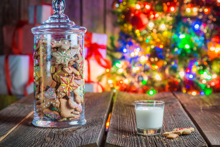 Sweet and tasty gingerbread cookies with milkの写真素材