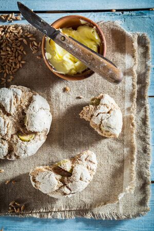 Tasty rolls with several grains for breakfastの写真素材