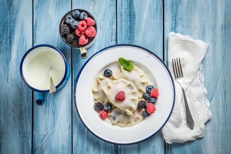 Delicious dumplings with berry fruitsの写真素材