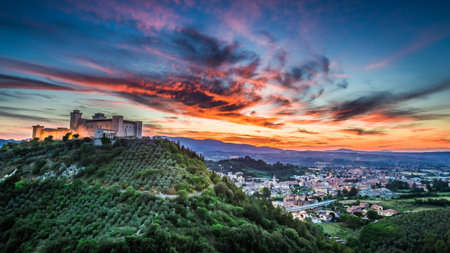 Beautiful sunset over the castle in Spoleto, Italy, Umbriaのeditorial素材