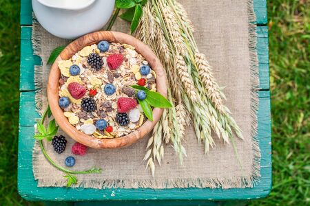 Fresh granola with milk and berry fruitsの写真素材