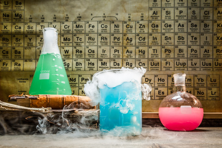 Academic chemical lab with periodic table of elementsの写真素材