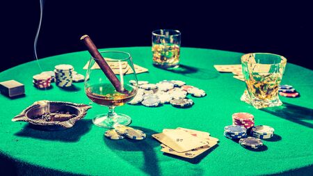 Table for poker with cards and chipsの写真素材