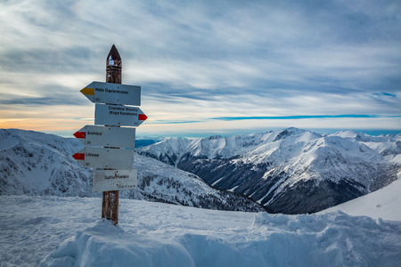 Signpost on a mountain trail in the winter, Kasprowy Wierch, Tatra Mountainsの写真素材