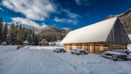 Winter mountain trail in the valley Chocholowska at sunset, Tatra Mountains, Polandの写真素材