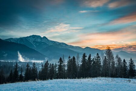 Zakopane during the skiing competitions at sunset in winter, Polandの写真素材