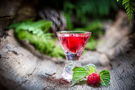 Tasty raspberries liqueur made of alcohol and fruitsの写真素材