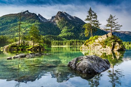 Summer dawn at Hintersee lake in Alps, Germanyの写真素材