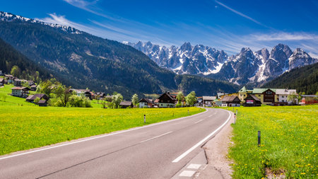Road to beautiful village Gosau in Austrian Alpsのeditorial素材