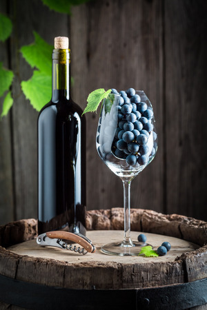 Tasty red wine and fresh grapes on barrelの写真素材