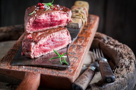 Homemade steak and chips with rosemary and saltの写真素材