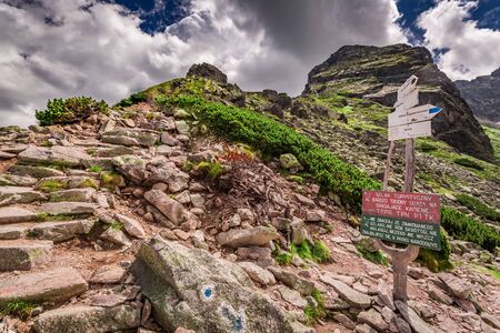 Warning sign at bottom of trail to KoÅcielec, Tatra Mountainsの写真素材
