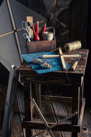 Homemade kite, scheme and parts to build itの写真素材