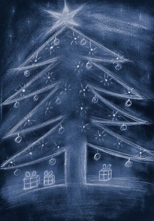 Hand sketch blue Christmas tree with giftsの写真素材