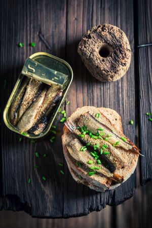 Tasty sandwich wirh sardines with and chiveの写真素材