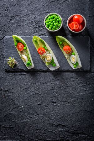 Fresh salad in chicory with quail egg, tomato and avocadoの写真素材