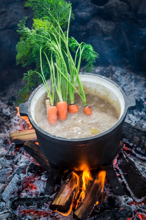 Stew with vegetables and beef on the bonfireの写真素材