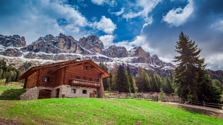 Beautiful view of the cottage in the Dolomites, Italy, Europeのeditorial素材