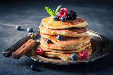 Sweet american pancakes for breakfast in the morningの写真素材