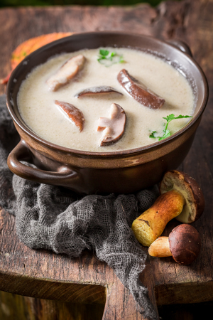 Yummy mushroom soup with mushrooms and parsleyの写真素材