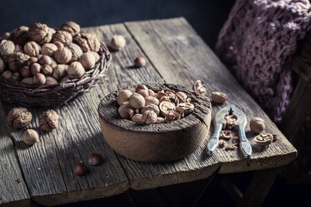 Fresh various nuts with with old nutcrackerの写真素材