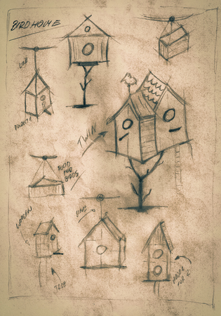 Sepia handmade diagram of how to build a birdhouseの写真素材