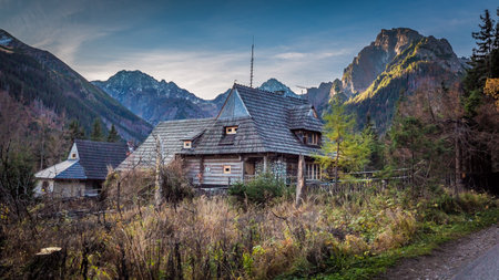Small hut in the middle of the mountains in autumnのeditorial素材