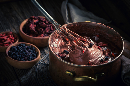 Homemade chocolate made of dried fruits and cocoaの写真素材