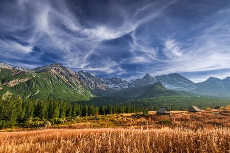 Beautiful path to the Tatras mountain in Poland at sunsetの写真素材