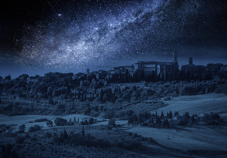 Pienza at night with milky way,Tucany, Italyの写真素材