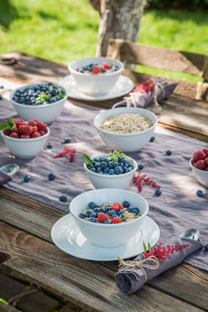 Healthy granola with berry fruits and milk in sunny dayの写真素材
