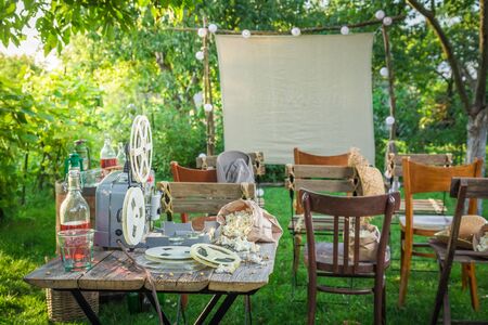 Summer cinema with old analog films in the gardenの写真素材