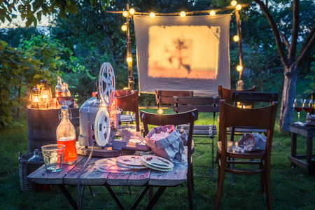 Summer cinema with drinks and popcorn in the eveningの写真素材