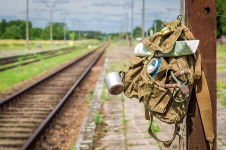 Vintage backpack with map, compass and diaryの写真素材