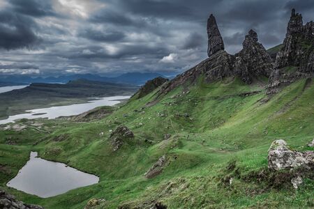 Dark and cold Old Man of Storr in Scotlandの写真素材