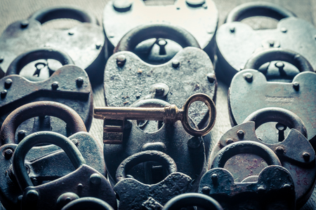 One key and many padlocks as concept imageの写真素材