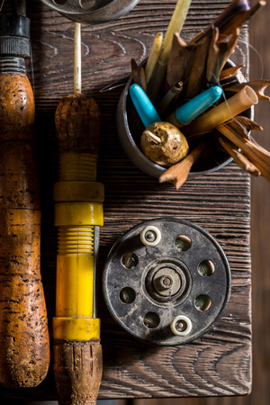 Retro fishing tackle with floats and rodsの写真素材