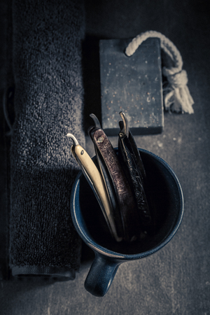 Old tools for barber with brush, razor, soapの写真素材