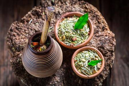 Top view of flavor yerba mate made of dried leavesの写真素材