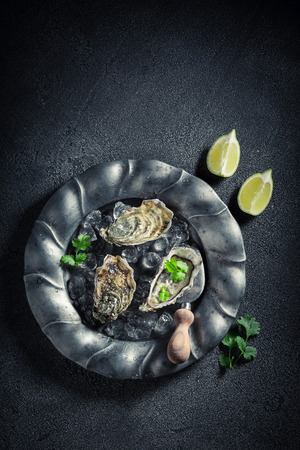 Oysters with lemons and coriander on dark tableの写真素材