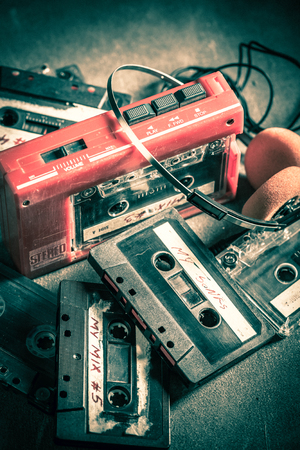 Vintage cassette tape with headphones and walkmanの写真素材