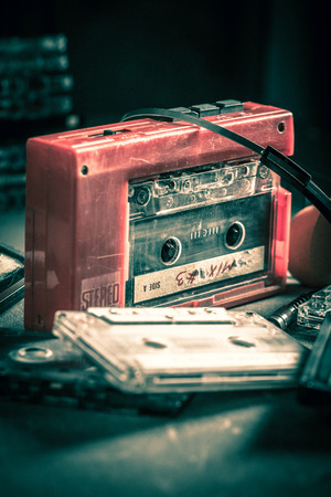 Vintage cassette tape with walkman and headphonesの写真素材