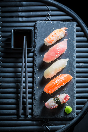 Top view of Nigiri sushi made of salmon and riceの写真素材