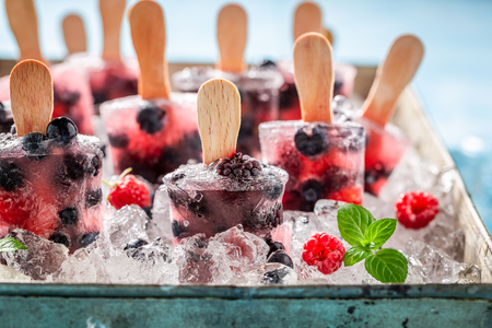 Juicy ice cream with berries on cold iceの写真素材