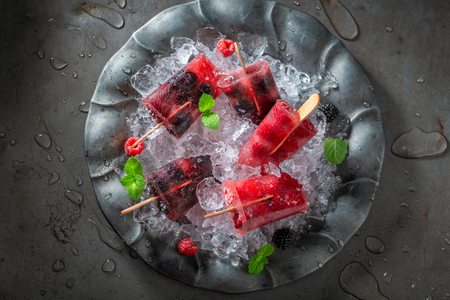 Tasty ice cream with berries on a stickの写真素材