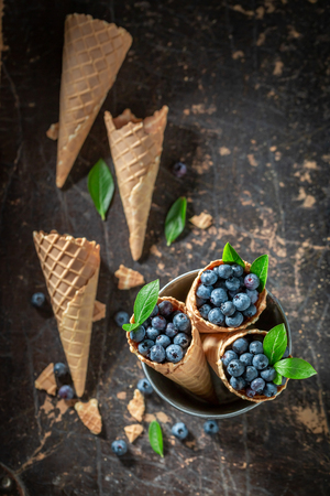 Yummy blueberries in waffels as a symbol of ice creamの写真素材