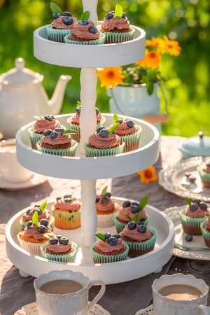 Tasty brown cupcake served with coffee in gardenの写真素材